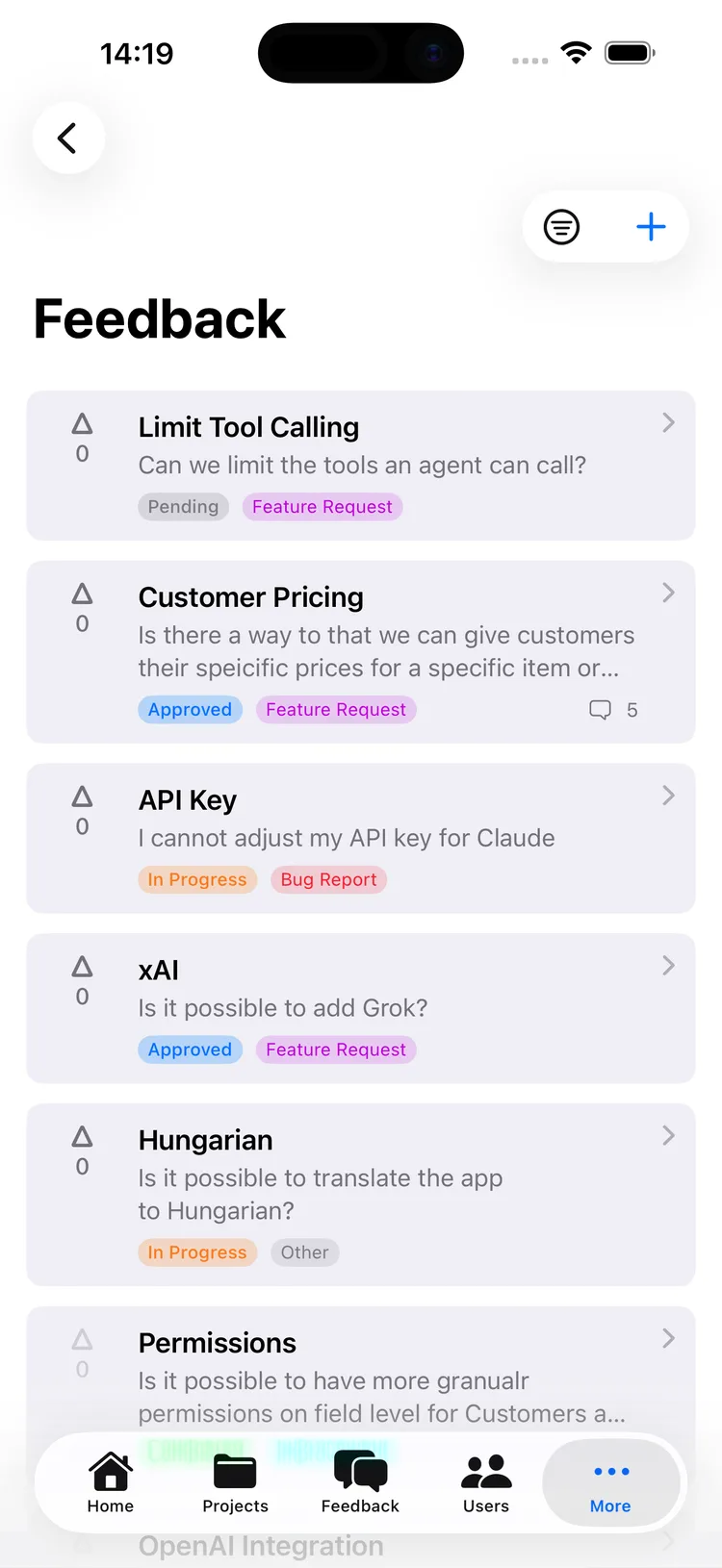A feedback list inside a running SwiftUI app on iPhone, showing several feature requests with vote counts and colored status badges