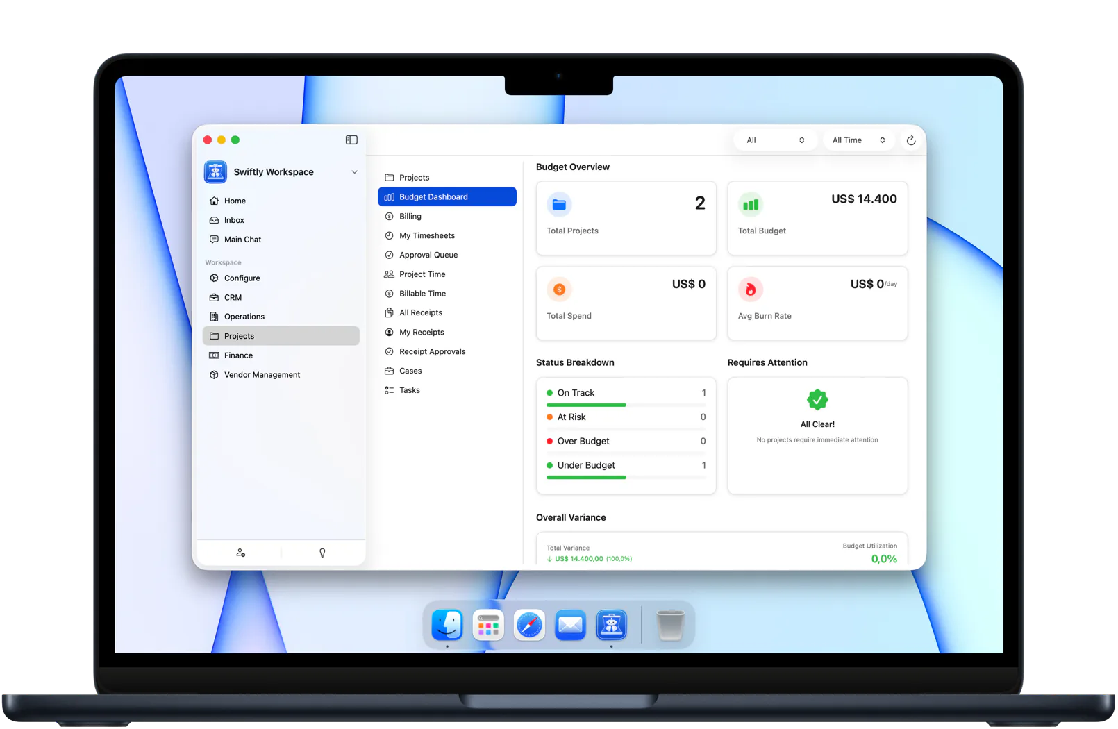 Swiftly Workspace on a Mac: the project budget dashboard with total projects, total budget, total spend, burn rate and a status breakdown