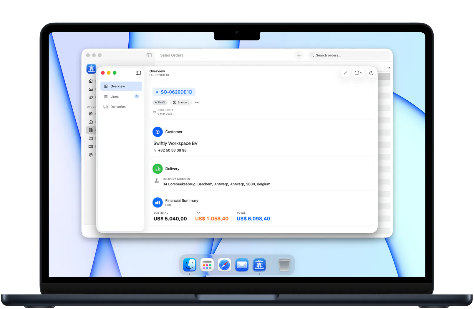 Swiftly Workspace on a Mac: a draft sales order with its customer, delivery address and financial summary